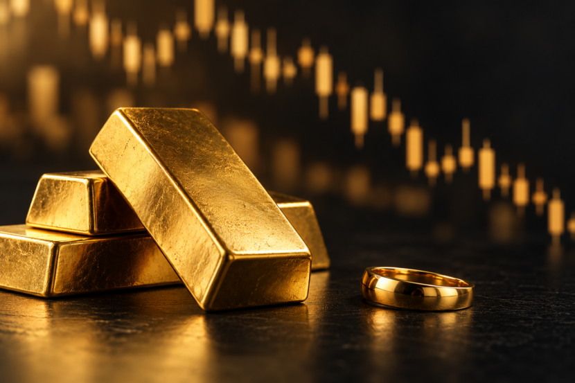 Barras e anel de ouro sobre fundo escuro, em ilustração sobre o mercado financeiro.